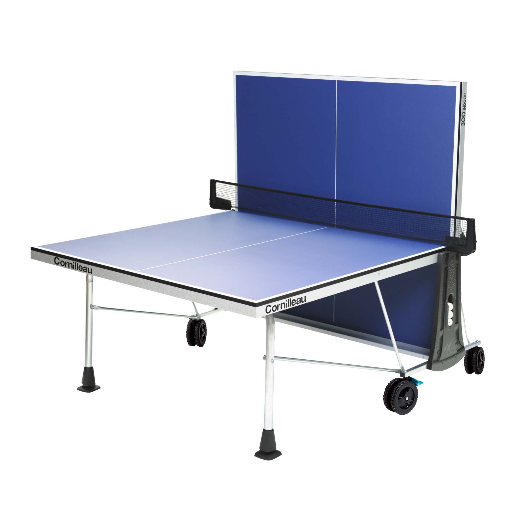 A portable table tennis table with a blue playing surface and blue backboard, supported by a silver metal frame with black caster wheels. The brand name 'Corning' is visible on the table edge.